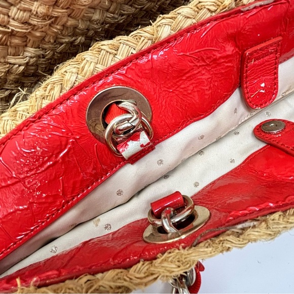 KATE SPADE Women’s Beige Red POINT BREEZE Coal Straw Tote Bag Large Bow 12” X 8” - Picture 7 of 13